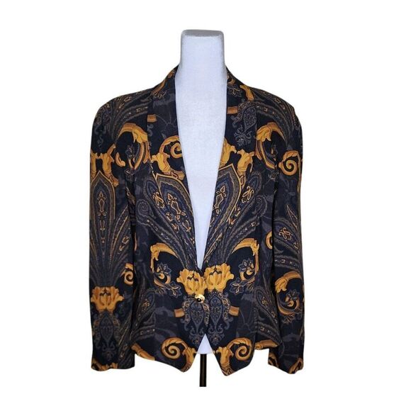 Vintage Gloria Sachs Blazer All Over Baroque Print Womens Size 6 Black and Gold - Picture 1 of 10